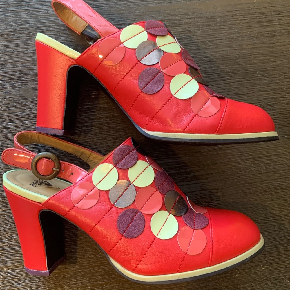 John Fluevog 10 Red Heels with Purple and Pink Details
